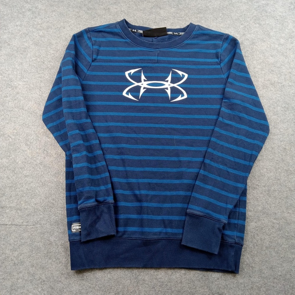 Under Armour Sweatshirt Mens Small Blue Striped Pullover Logo FISH Knit